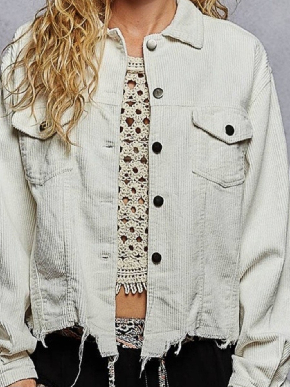 POL Cream Corduroy Button-Up Jacket with Frayed Hem